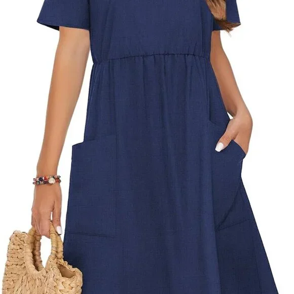 Women's Cotton Linen Midi Dress Casual Short Sleeve Flowly Beach Tunic - Picture 1 of 7